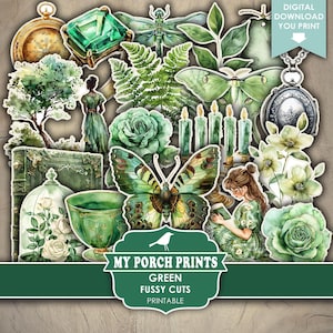 Green Color FUSSY CUTS, Junk Journal, Cricut, Stickers, Butterflies, Ephemera, Watercolor, Set, My Porch Prints, Printable, Digital Download