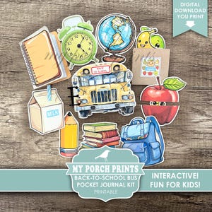 Back To School Bus Pocket Journal Kit, Kids, Boy, Girl, Cute, Lunch Box, Craft Gift, Junk, No-Sew My Porch Prints Printable Digital Download