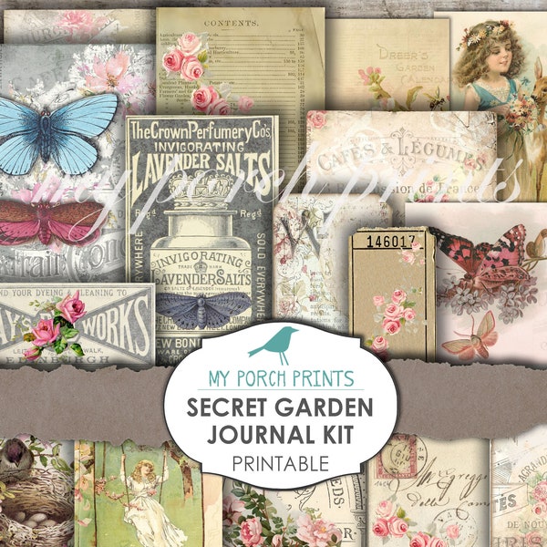 Secret Garden Junk Journal Kit Printable Paper Shabby Chic Digital Kit Ephemera Rose Junk Journal Printable MyPorchPrints Store Download