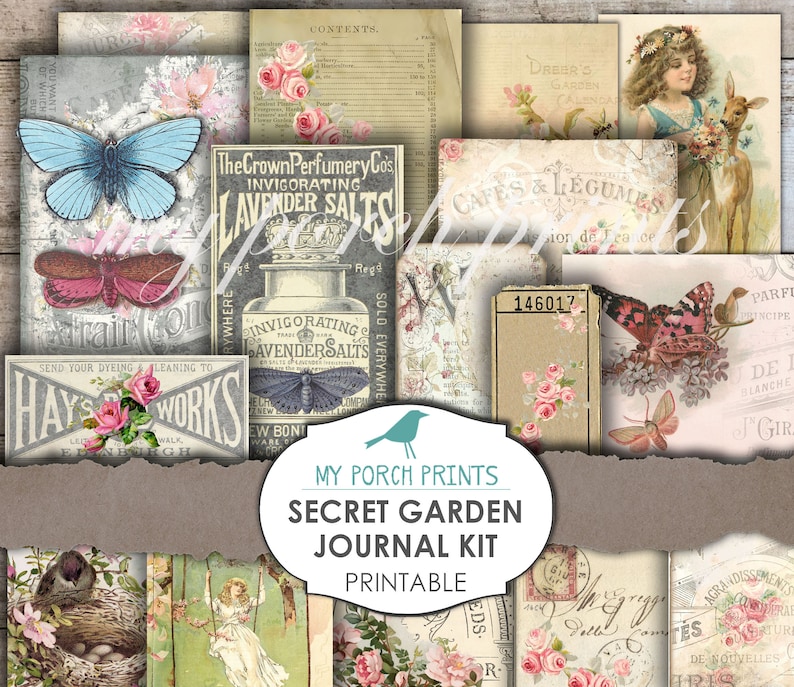 May include: A printable journal kit with a vintage aesthetic featuring images of butterflies, flowers, and text like "Secret Garden" and "The Crown Perfumery Co's Invigorating Lavender Salts".