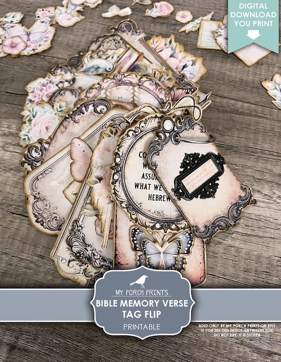 Bible Memory Verse Tag Flip, Junk Journal, Tags, Scripture, Gift Idea, Faith, Easter, Craft, My Porch Prints, Printable, Digital Download