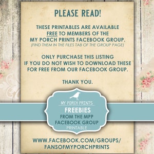 Op de afbeelding: Een printbaar ontwerp voor een Facebook-groep genaamd "My Porch Prints". De tekst luidt: "Deze printables zijn gratis beschikbaar voor leden van de My Porch Prints Facebook-groep. (Vind ze op het tabblad Bestanden op de pagina van de groep) Koop deze listing alleen als je deze niet gratis wilt downloaden van onze Facebook-groep. Bedankt. My Porch Prints Freebies van de MPP Facebook-groep Printbaar www.facebook.com/groups/fansofmyporchprints"