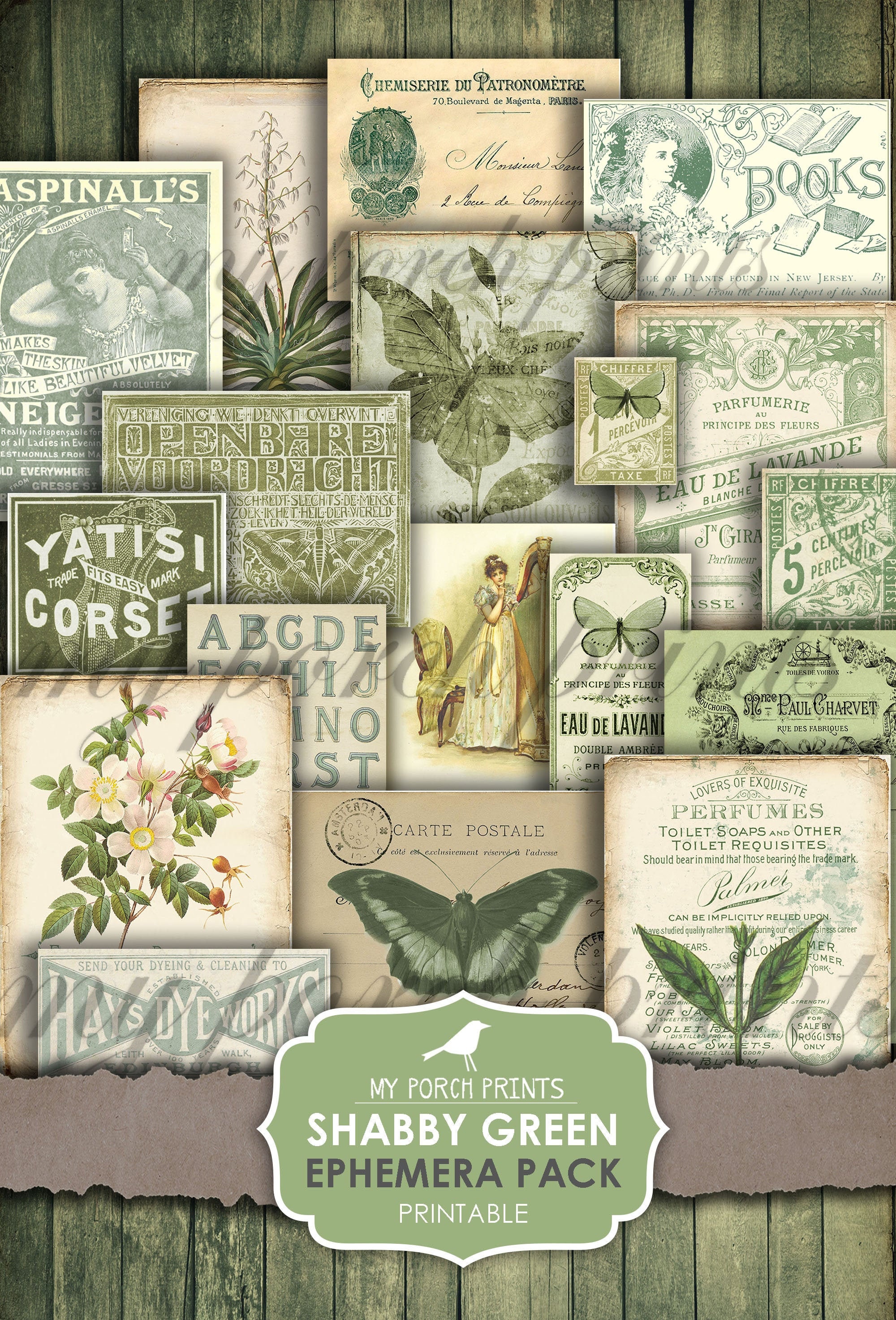 Shabby, Green, Ephemera, Pack, Junk Journal, Butterfly, Tags, My Porch Prints, Supplies, Digital Kit, Download, Junk Journal Kit, Printable
