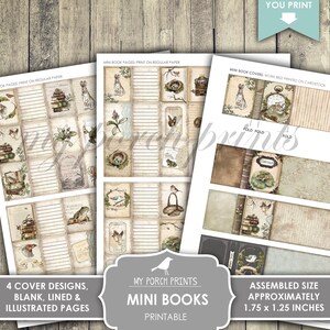 May include: Printable mini book pages and covers with a nature theme. The pages are blank, lined, and illustrated with images of birds, nests, rabbits, and frogs. The covers feature a vintage style with a clock, books, and a frog. The assembled size is 1.75 x 1.25 inches.