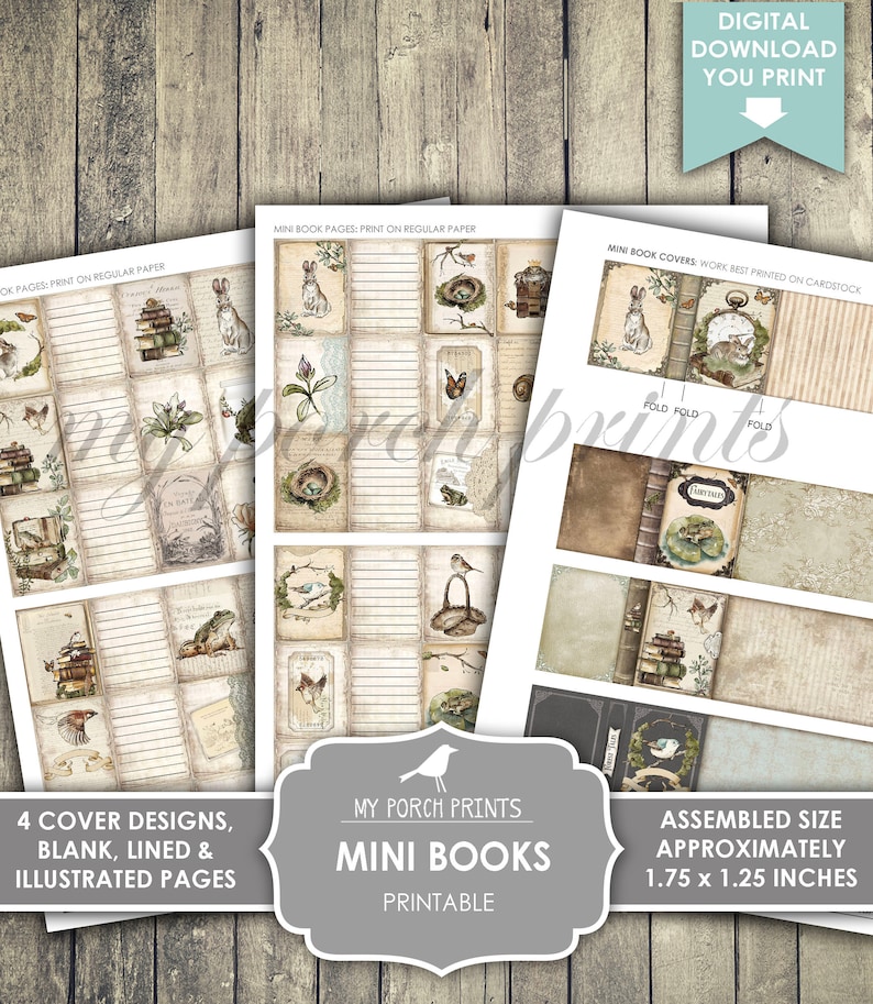 May include: Printable mini book pages and covers with a nature theme. The pages are blank, lined, and illustrated with images of birds, nests, rabbits, and frogs. The covers feature a vintage style with a clock, books, and a frog. The assembled size is 1.75 x 1.25 inches.