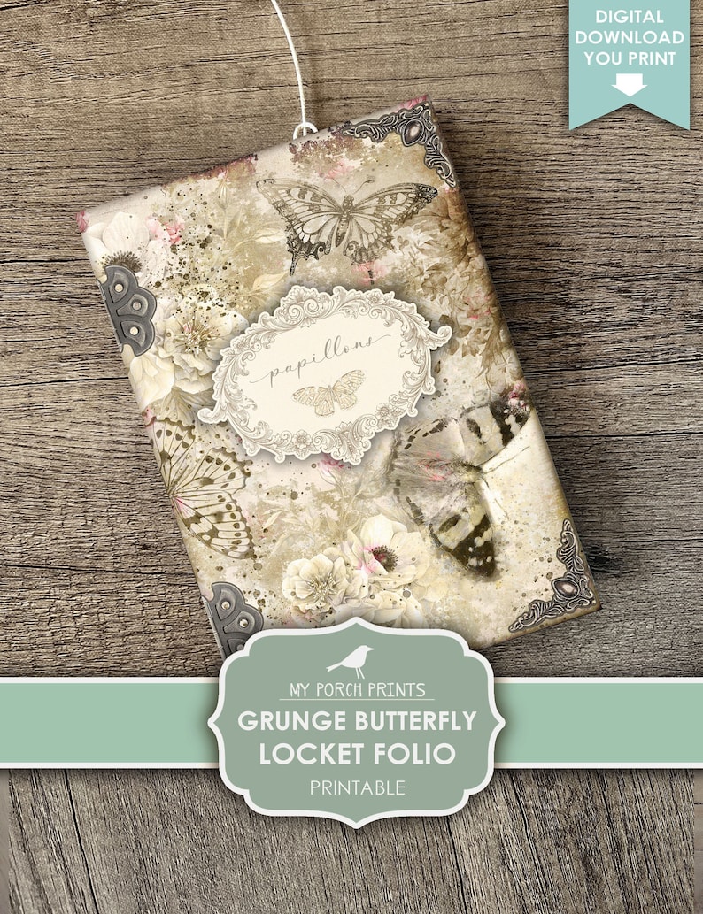 Skräpjournal, Folio, Fjäril, Shabby, Grunge, Vintage, Mapp, Rosa, Medaljong, Min veranda-utskrifter, Insats, Digitalt kit, Nedladdning, Utskrivbar bild 6