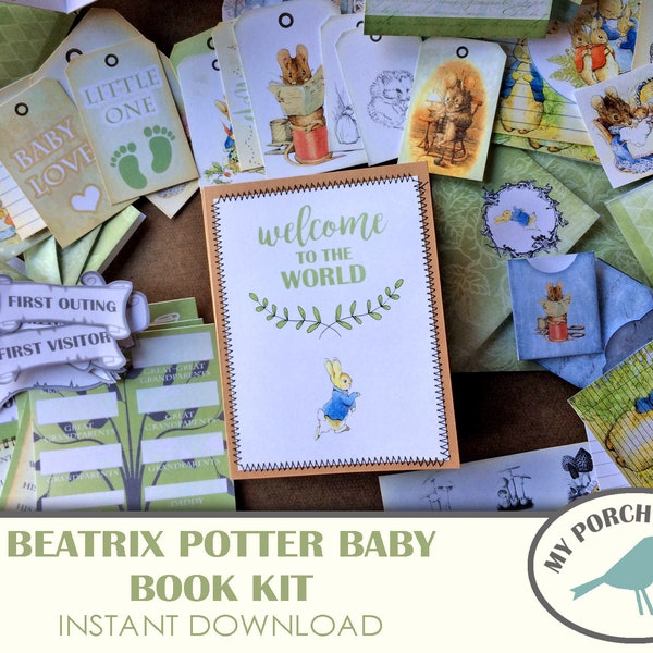 Beatrix Potter, Baby Book Kit, Junk Journal Kit, bébé garçon, fille, Peter Rabbit, vintage, Scrapbook kit, album, page, éphémères, ATC, imprimable