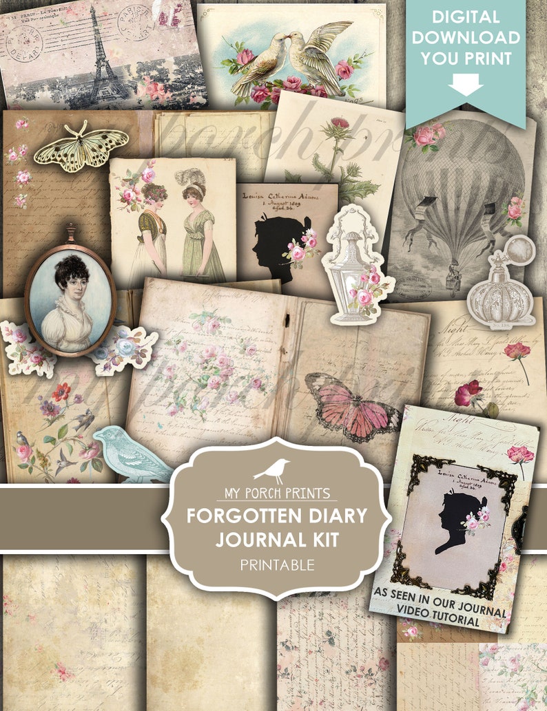May include: Printable journal kit with a vintage aesthetic. The kit includes images of birds, butterflies, flowers, a hot air balloon, a vintage lamp, and a silhouette of a woman. The text "Forgotten Diary Journal Kit" is featured in the center of the image.