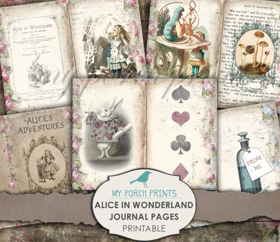 Download Alice In Wonderland Journal Page Junk Journal Book Vintage Shabby Digi Kit Ephemera Collage Sheet Digital