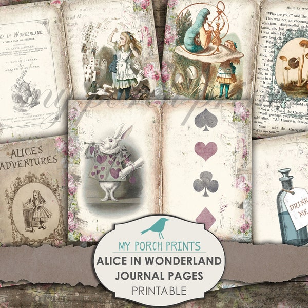 Alice im Wunderland, Journal Seite, Junk Journal, Buch, Vintage, Shabby, Digi Kit, Ephemera, Collage Sheet, digitaler Download, druckbares Papier