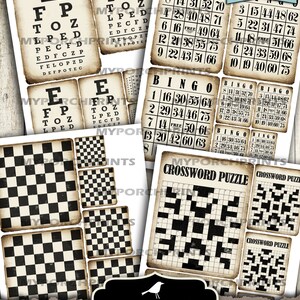 May include: Set of eight printable black and white ephemera sheets, including eye charts, bingo cards, and crossword puzzles. The sheets are 8.5 inches by 11 inches.