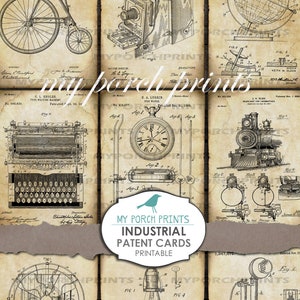 Cartões industriais, Carta de bolso, Patente, Kit, Cartão, Diário de lixo, Efêmera, Álbum de recortes, Colagem, Steampunk, Etiqueta, Imprimível, Papel, Vintage