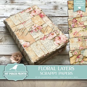 Floral Layers Scrappy Papers, Junk Journal, Pages, Flowers, Pink, Vintage, Backing, Craft, My Porch Prints, Printable, Digital Download