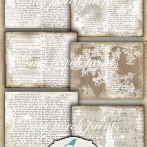 May include: A set of 12 printable shabby book pages in a distressed, vintage style. The pages are 8.5 x 11 inches and feature faded text and imagery.