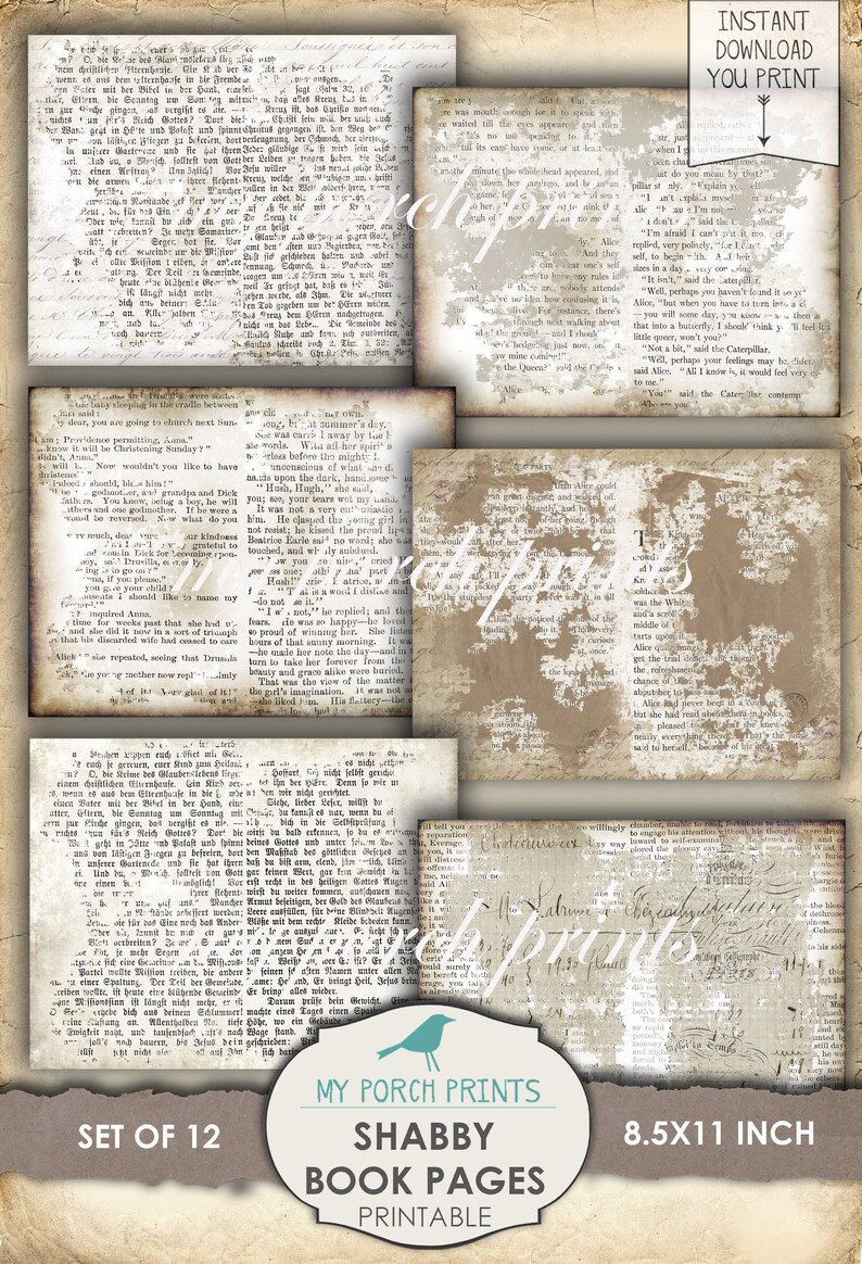 May include: A set of 12 printable shabby book pages in a distressed, vintage style. The pages are 8.5 x 11 inches and feature faded text and imagery.