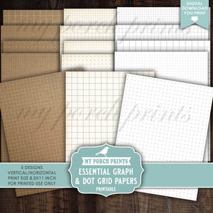 Peut inclure: Une collection de papiers quadrillés et à points imprimables de différents motifs. Les papiers comprennent des motifs de grille et de points dans des tons de blanc, beige et marron. Le format d'impression est de 21,6 x 27,9 cm. Le texte "Essential Graph & Dot Grid Papers" est inclus.