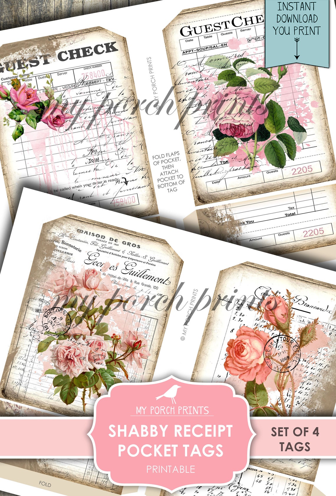 Shabby Receipt, Pocket Tags, Loaded Envelope, Junk Journal Kit ...
