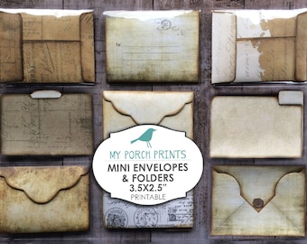 Puede incluir: Un conjunto de ocho mini sobres y carpetas imprimibles de estilo vintage con un aspecto de papel envejecido y desgastado. Los sobres y las carpetas miden 8,9 cm por 6,4 cm y presentan varios diseños con texto escrito a mano y un gráfico de un pájaro. El texto de la imagen dice "My Porch Prints, Mini Envelopes & Folders, 3.5x2.5", y "Printable".