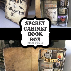 Puede incluir: Una caja de libro con tem&aacute;tica de Halloween con un compartimento secreto. La parte delantera de la caja est&aacute; decorada con una portada de libro vintage que dice "Book of Curiosities". El interior de la caja est&aacute; decorado con papel con tem&aacute;tica de Halloween e incluye una tarjeta de bingo, una calavera y una calabaza.