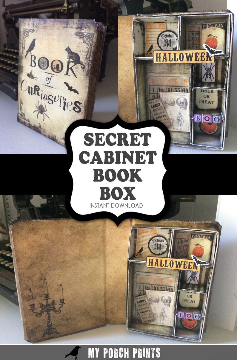 Puede incluir: Una caja de libro con tem&aacute;tica de Halloween con un compartimento secreto. La parte delantera de la caja est&aacute; decorada con una portada de libro vintage que dice "Book of Curiosities". El interior de la caja est&aacute; decorado con papel con tem&aacute;tica de Halloween e incluye una tarjeta de bingo, una calavera y una calabaza.