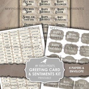 May include: Printable greeting card and sentiment kit with a variety of designs, including happy birthday, happy anniversary, get well soon, and more. The kit includes four papers and an envelope. The text on the image reads "My Porch Prints Greeting Card & Sentiments Kit Printable 4 Papers & Envelope"
