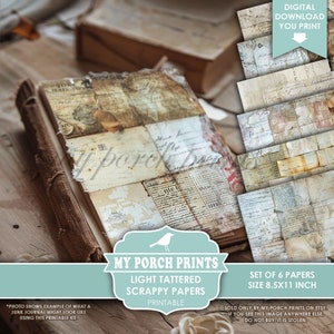 May include: Set of six printable digital papers with a light, tattered, vintage aesthetic. Each paper measures 8.5 by 11 inches. The papers feature a collage of old, handwritten notes and maps.