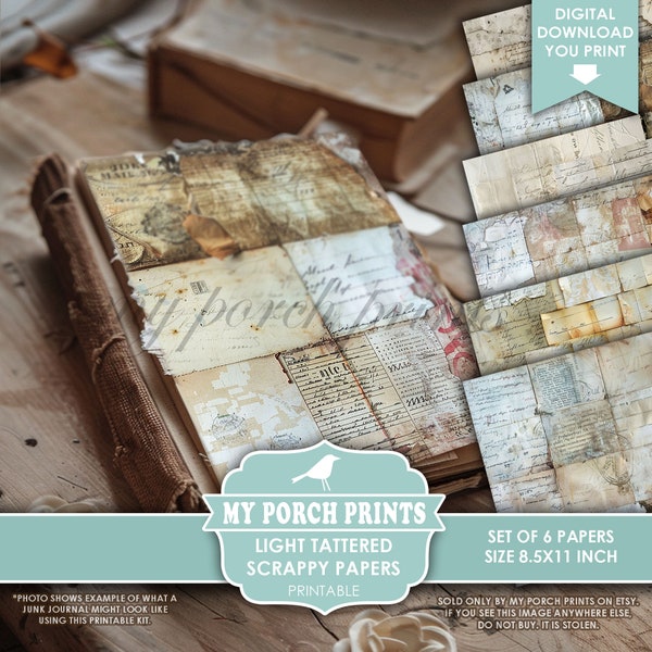 Light Tattered Scrappy Papers, Junk Journal, Pages, Neutral, Vintage, Backing, Script, Collage, My Porch Prints, Printable, Digital Download