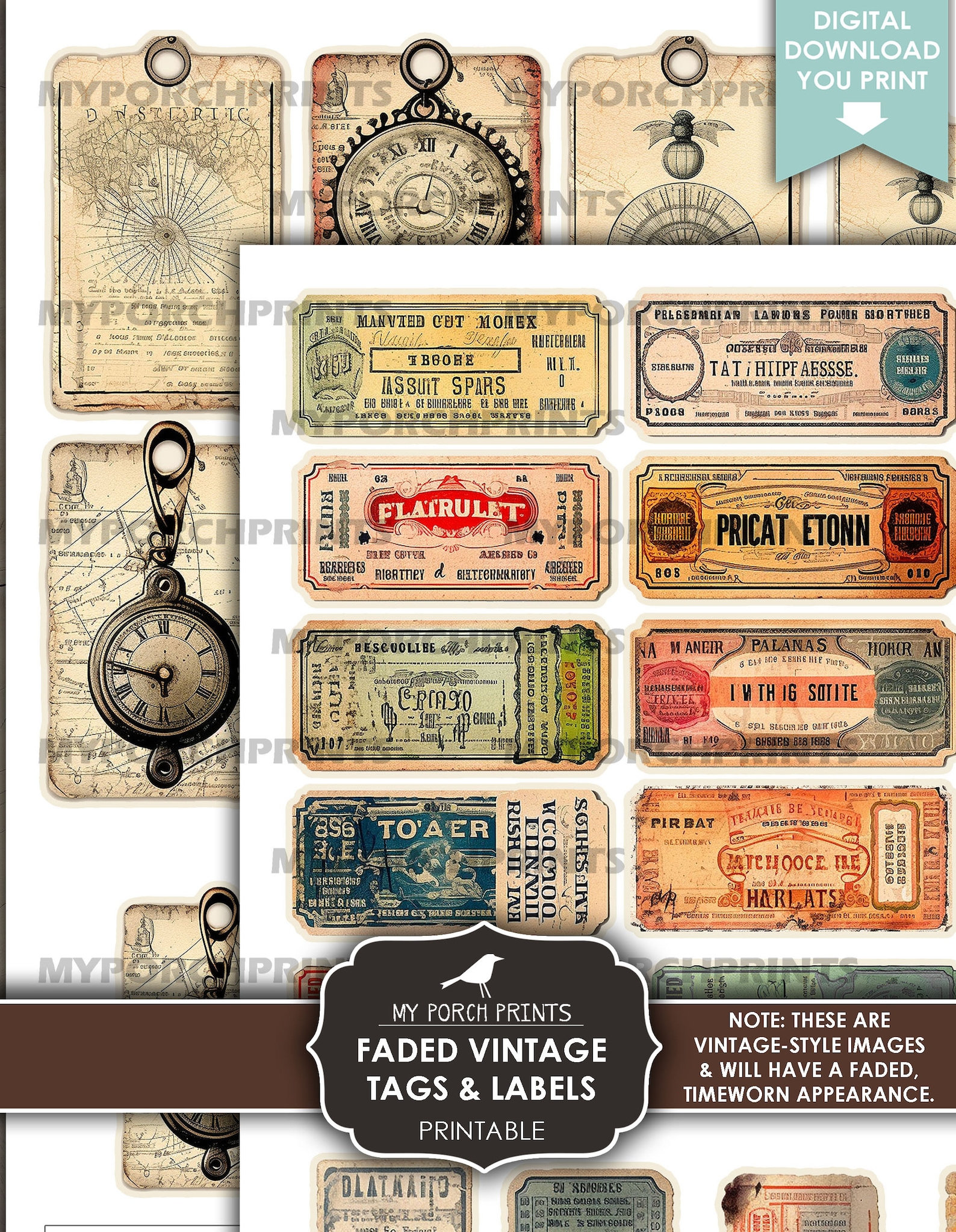 Junk Journal Faded Vintage Tags Labels, Grunge, Steampunk, Men Number ...
