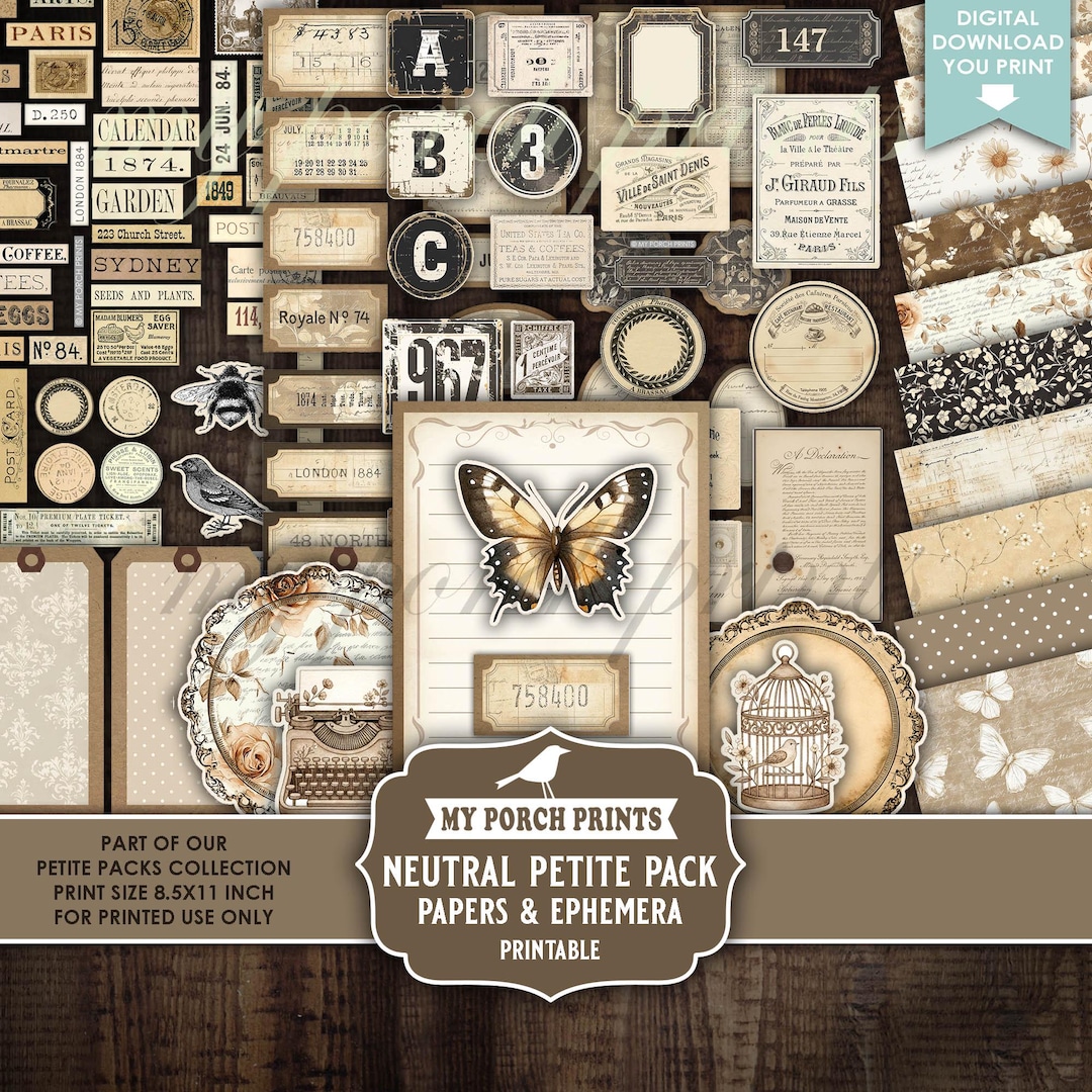 Neutral Petite Pack Junk Journal Ephemera and Papers Kit, Brown Numbers ...