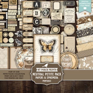 May include: A collection of vintage-style printable papers and ephemera. The image features various labels, tags, and decorative elements with a neutral color palette. Includes a butterfly, bird, and the text "My Porch Prints".