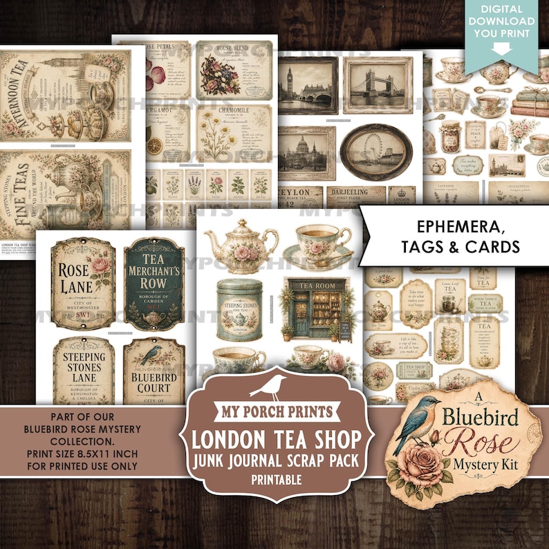 May include: A digital download junk journal scrap pack featuring London tea shop themed ephemera, tags, and cards. The collection includes vintage-style illustrations of teapots, teacups, floral patterns, London landmarks, and text labels on 8.5x11 inch sheets.