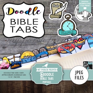 Op de afbeelding: Kleurrijke "Doodle Bijbel Tabs" met verschillende boeknamen en illustraties. De afbeelding bevat tabs voor Genesis, Exodus, Jozua en meer. De gemiddelde grootte is ongeveer 3,8 x 2,5 cm. De tekst "Digitale download die u afdrukt" en "JPEG-bestanden" is ook aanwezig.