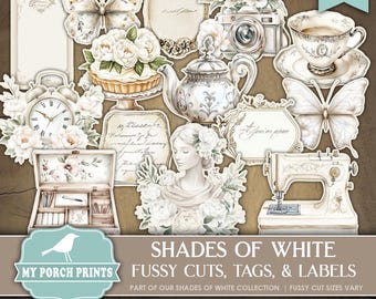 Shades of White FUSSY CUTS, Flowers, Stickers, Ivory, Shabby, Vintage, Cricut, Books, Neutral, My Porch Prints Printable Digital Download