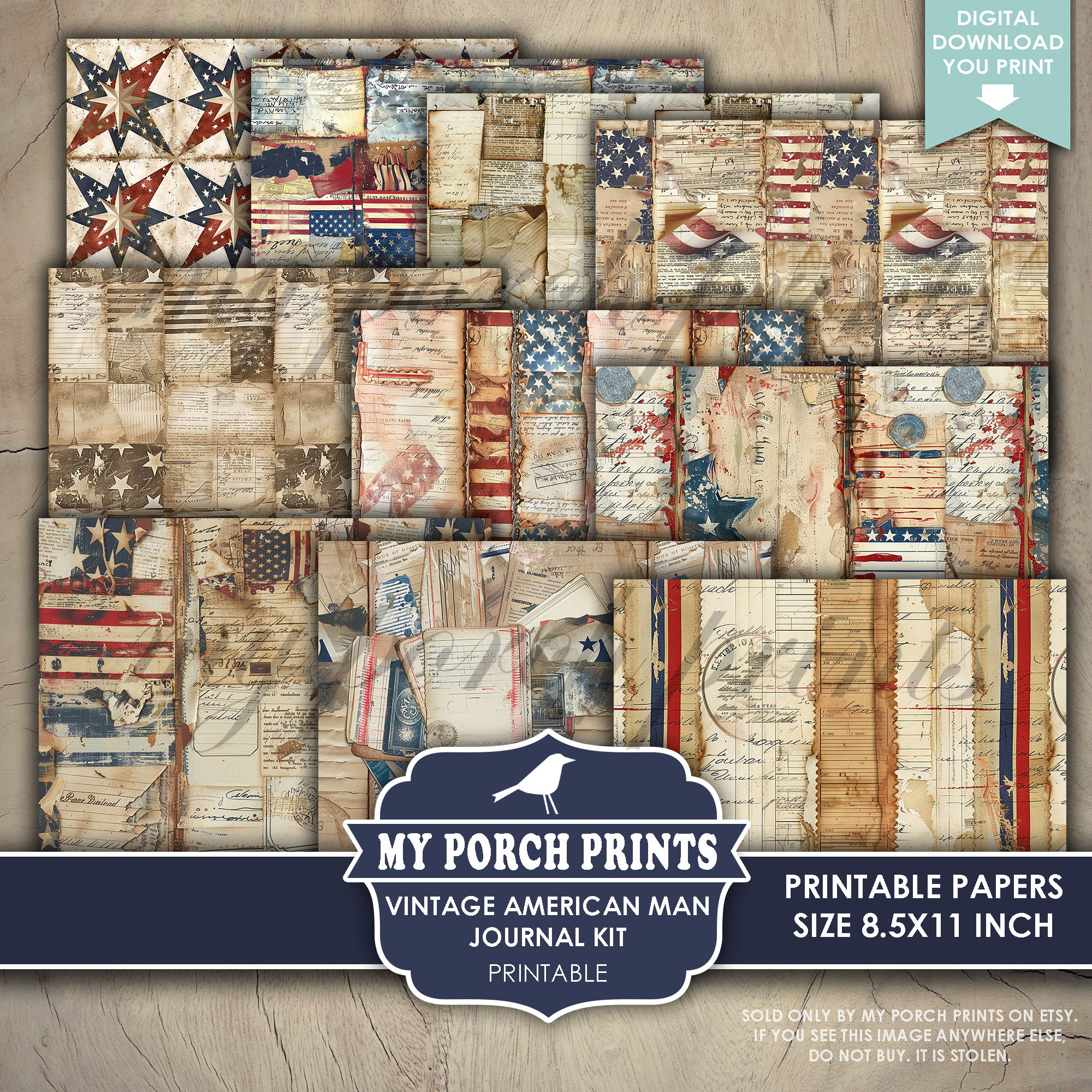 Vintage American Man Junk Journal Kit Patriotic Grunge Men Father's Day ...
