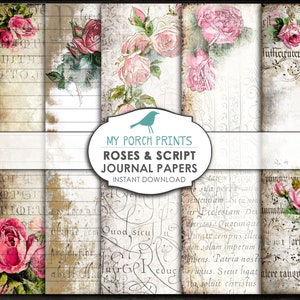 Rosas y guión, páginas de diario, papel imprimible, kit de diario basura, efímera, libro, romántico, en mal estado, álbum de recortes, hoja de collage, vintage