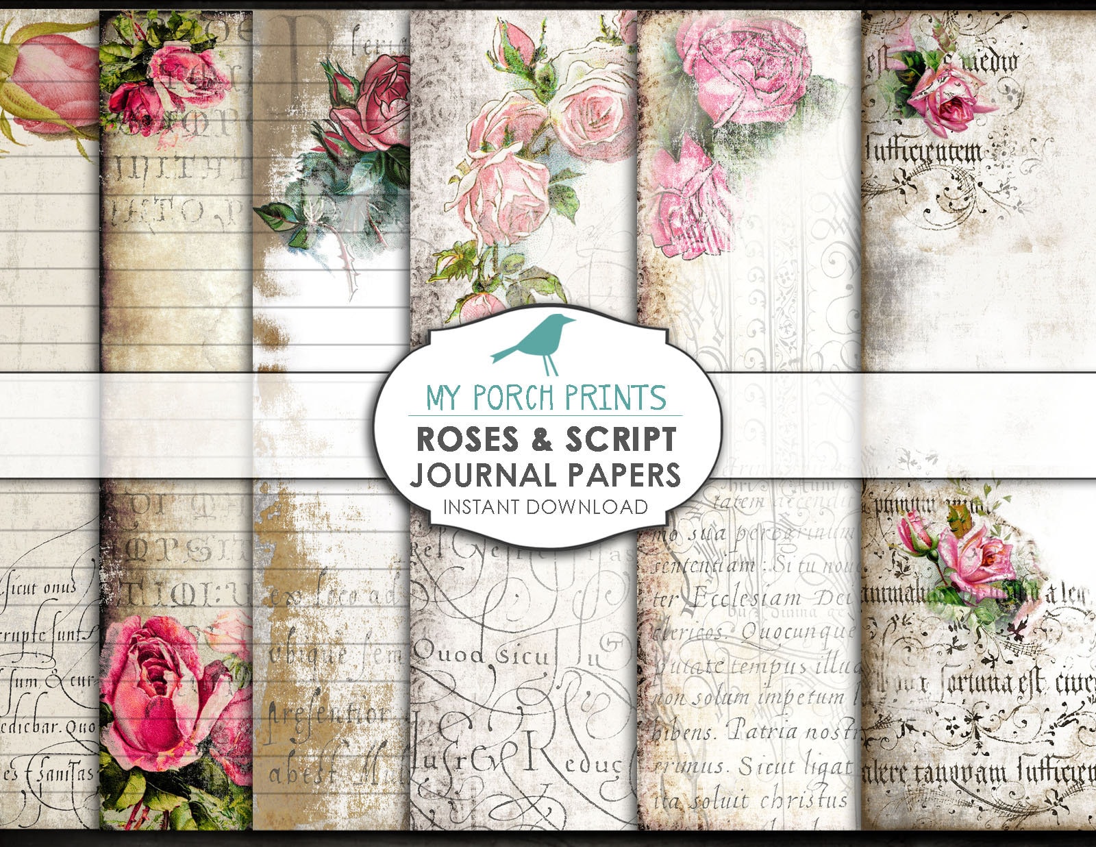 Roses & Script, Journal Pages, Printable Paper, junk journal kit, ephemera, Book, romantic, shabby, scrapbooking, collage sheet, vintage