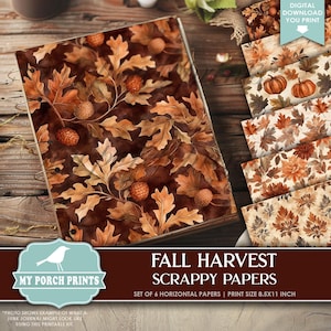 Fall Harvest Scrappy Papers, Junk Journal, Pages, Leaves, Autumn, Backing, Collage, Craft, My Porch Prints, Printable, Digital Download