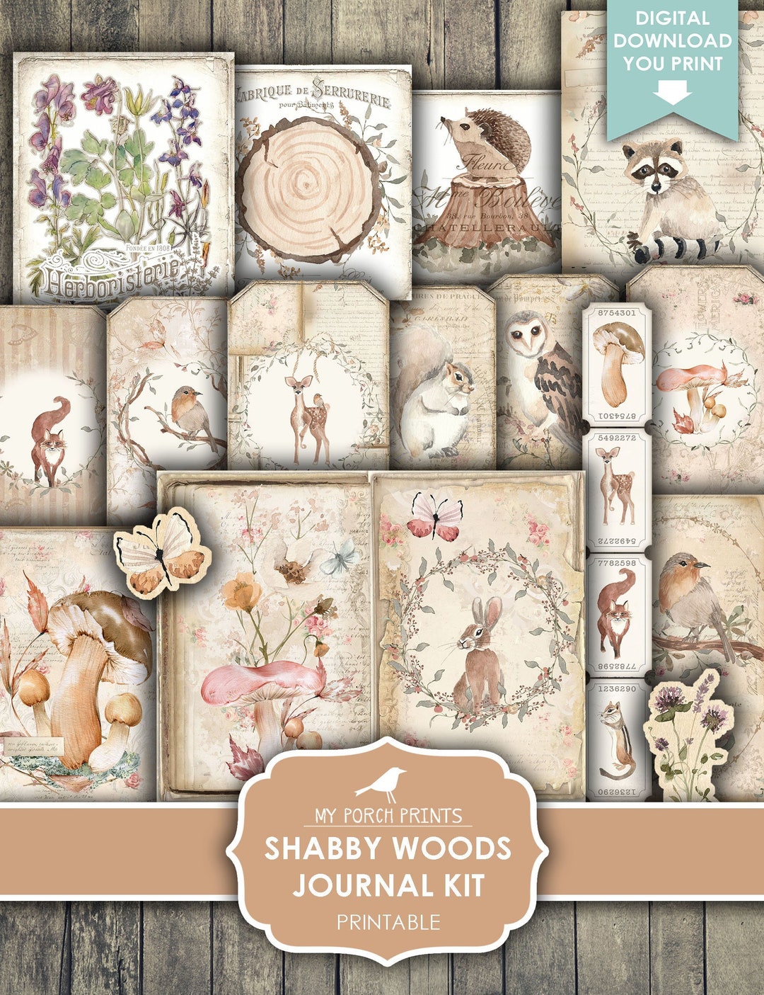 Junk Journal Kit, Shabby, Woods, Boho, Woodland, Forest, Animals, Baby ...