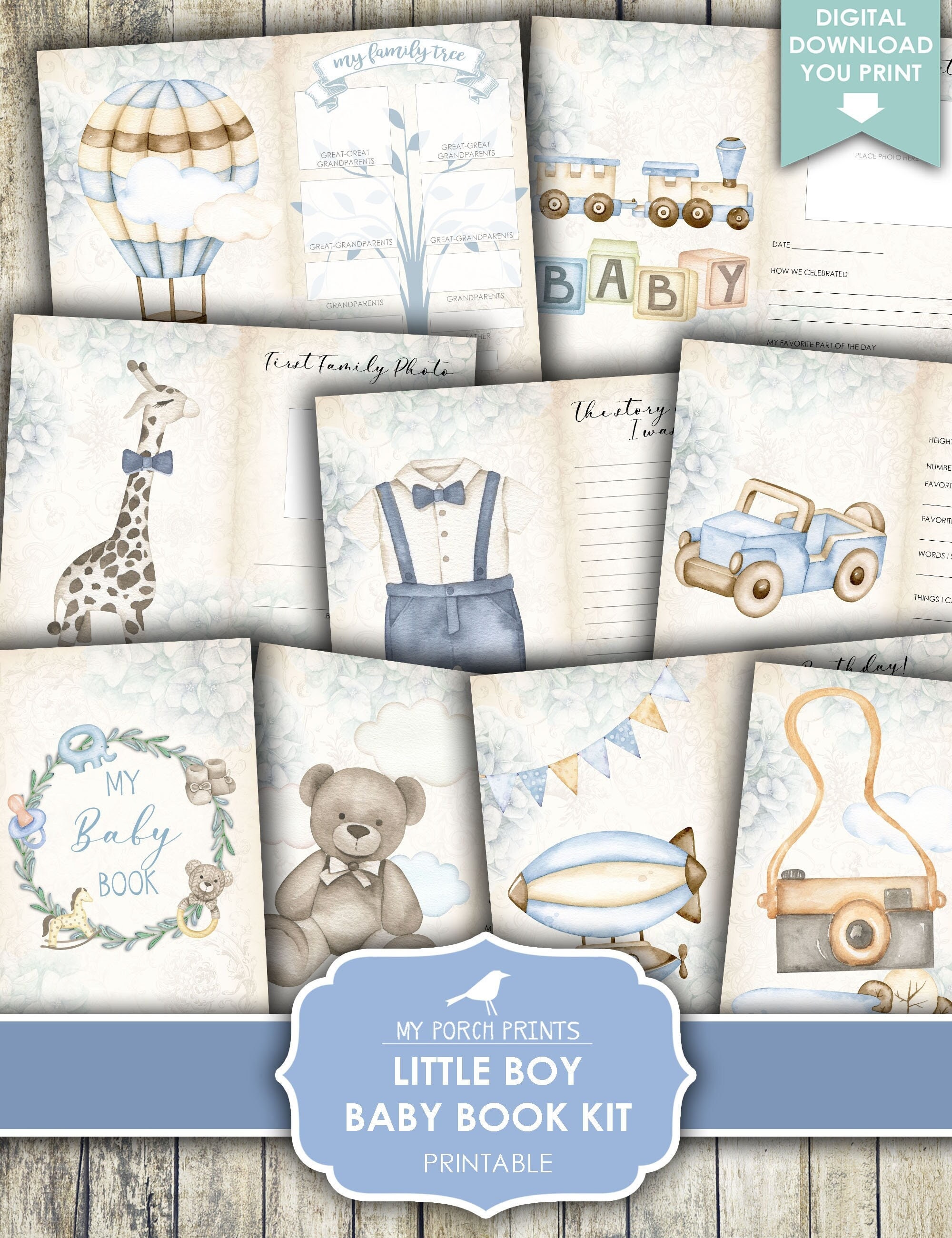 Junk Journal Kit, Baby, Boy, Book, Blue, Gift Idea, Baby's, First Year, Little, Memory, Boho, My Porch Prints, Printable, Digital Download
