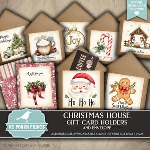 Christmas House Gift Card Holder, Envelope, DIY, Money Holder, Red, Green, Stocking Stuffer, My Porch Prints, Printable, Digital Download