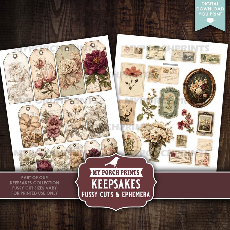 Keepsakes Junk Journal FUSSY CUTS & EPHEMERA, Burgundy, Vintage, Sepia ...