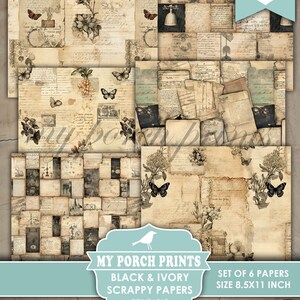 May include: Set of six printable digital scrapbook papers in black and ivory colors. The papers feature a vintage aesthetic with butterflies, flowers, and handwritten text. Each paper measures 8.5 by 11 inches.