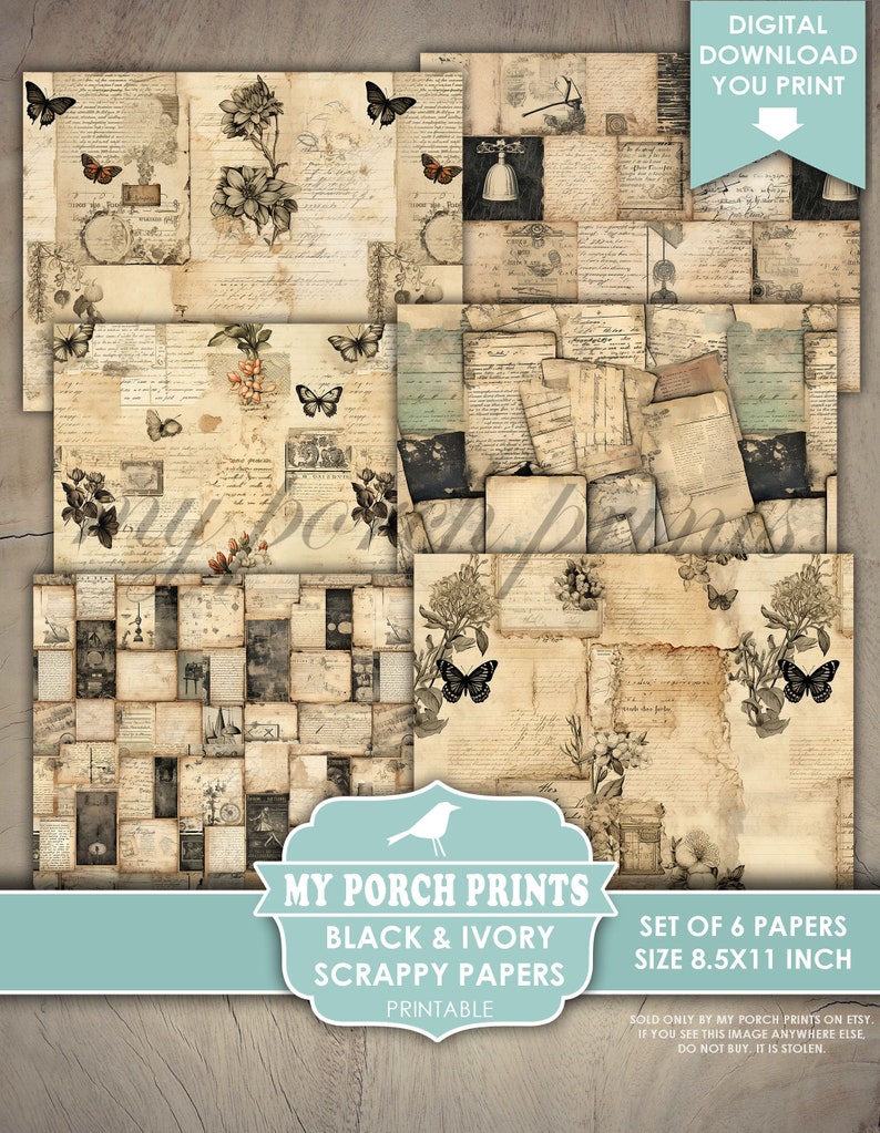May include: Set of six printable digital scrapbook papers in black and ivory colors. The papers feature a vintage aesthetic with butterflies, flowers, and handwritten text. Each paper measures 8.5 by 11 inches.