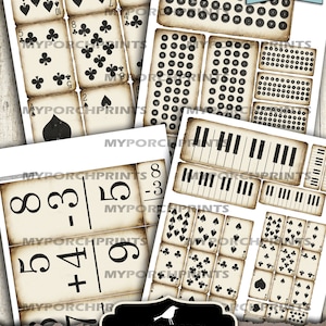 May include: Printable black and white ephemera set with 8 sheets, including playing cards, alphabet tiles, piano keys, and math problems. The set is 8.5 inches by 11 inches.