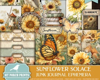May include: A collage of sunflower-themed ephemera for junk journals. The design includes sunflowers, butterflies, a fox, a hedgehog, and the text "Journal" and "Garden". The color palette features yellows, greens, and browns. The text "Sunflower Solace" is also visible.