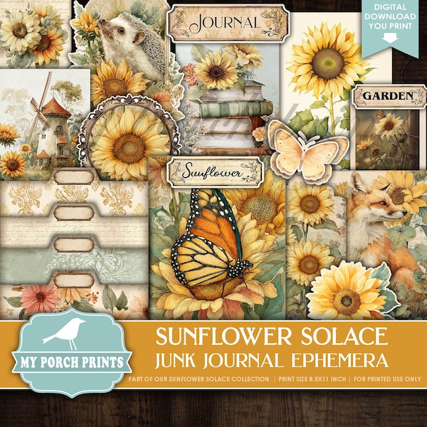 Sunflower Solace EPHEMERA, Junk Journal, Vintage, Yellow, Summer, Floral, Fall, Harvest, Gold, My Porch Prints, Printable, Digital Download