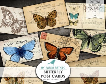 Vintage postcard and postage stamps with butterfly