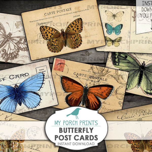 Butterfly Postcards, Printable Ephemera, Junk Journal Ephemera, ATC, Card, Vintage, Post Card, Digital, Collage Sheet, Download, Printable