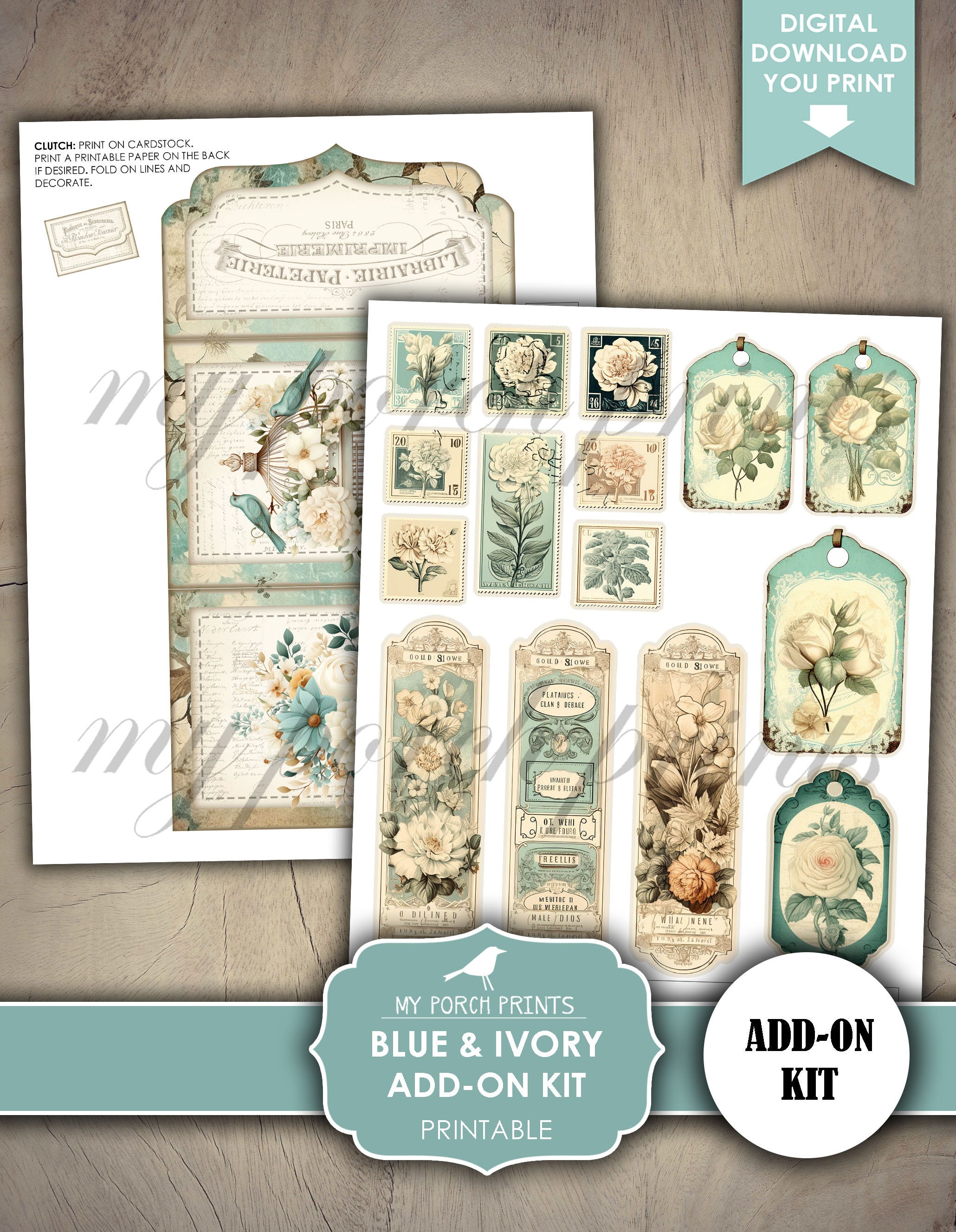Blue and Ivory Junk Journal Add on Kit, Neutral, Victorian, Teal ...