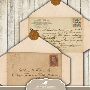 May include: A vintage envelope with a neutral brown color and a wax seal. The envelope has a handwritten address and a stamp. The envelope is part of a printable set of neutral vintage envelopes.